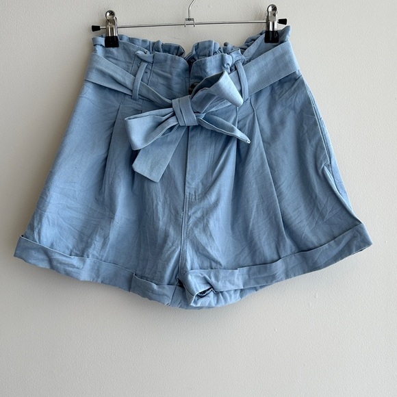 Good Luck Gem Paperbag High Waist Belted Shorts, Dusty Blue, Size Medium - Picture 1 of 16